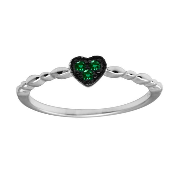Simulated Emerakd Cubic Zirconia Beaded Heart Ring Sterling Silver Size 6