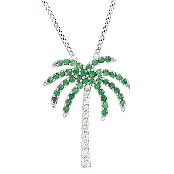 AFFY Simulated Emerald & (0.08 cttw) White Natural Diamond Accents Palm Tree Pendant Necklace In 14k White Gold