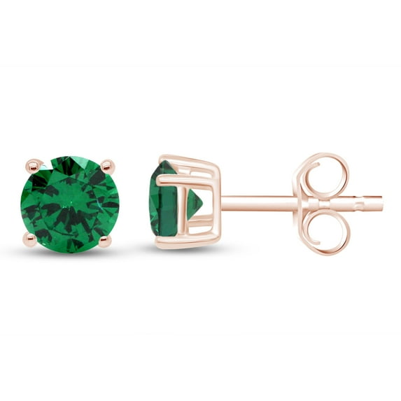 Simulated Emerald 4MM Round Shape Stud Earrings In 14K Rose Gold Over Sterling Silver (0.5 Ct)