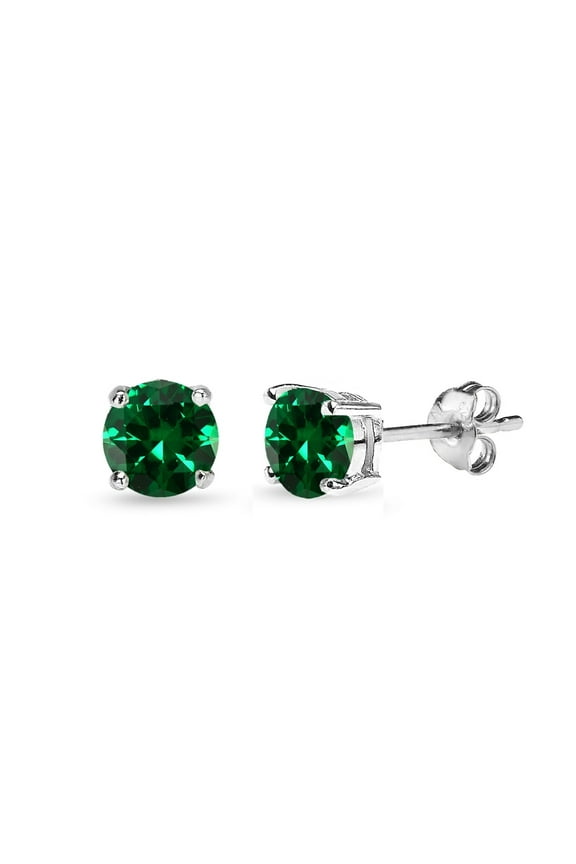 Simulated Emerald 5mm Round-Cut Solitaire Sterling Silver Stud Earrings