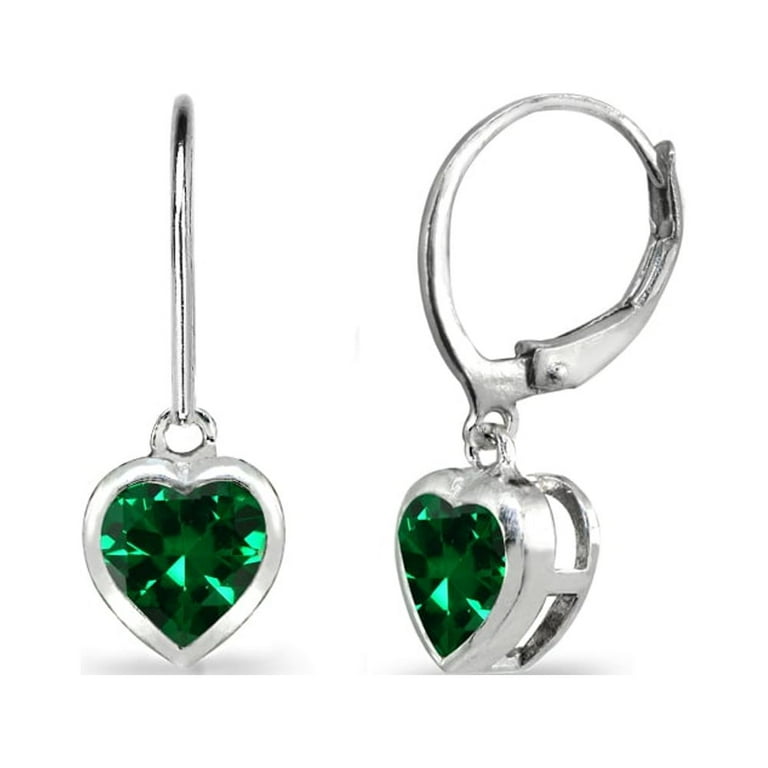 Simulated Emerald 6mm Heart Bezel-Set Dangle Leverback Earrings in