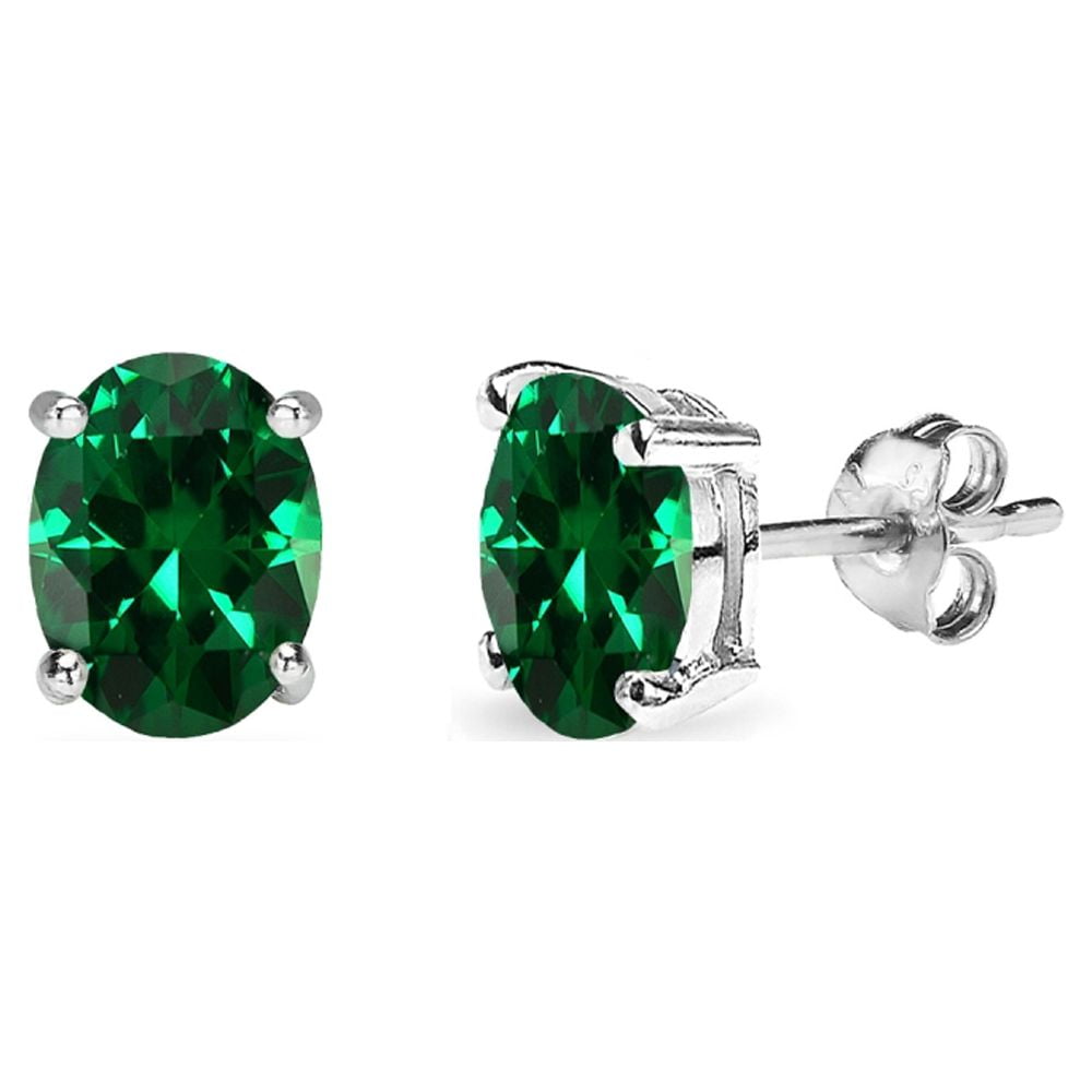 Simulated Emerald 6x4mm Oval-Cut Solitaire Sterling Silver Stud Earrings
