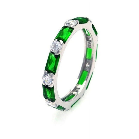 Simulated Emerald Baguette And Clear Round Cubic Zirconia Alternate Eternity Ring Sterling Silver Size 9