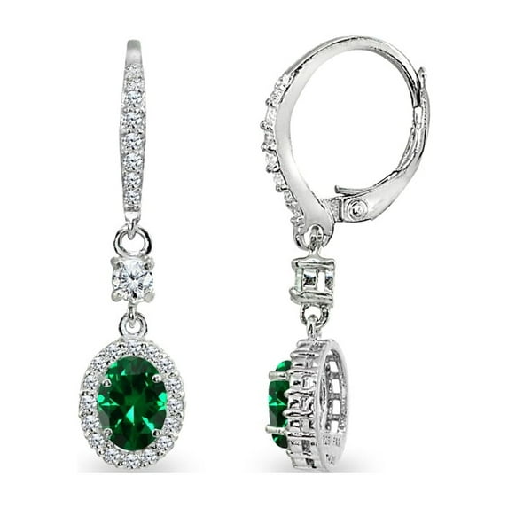 Simulated Emerald & CZ 7x5mm Oval Halo Dangle Earrings in 925 Sterling Silver