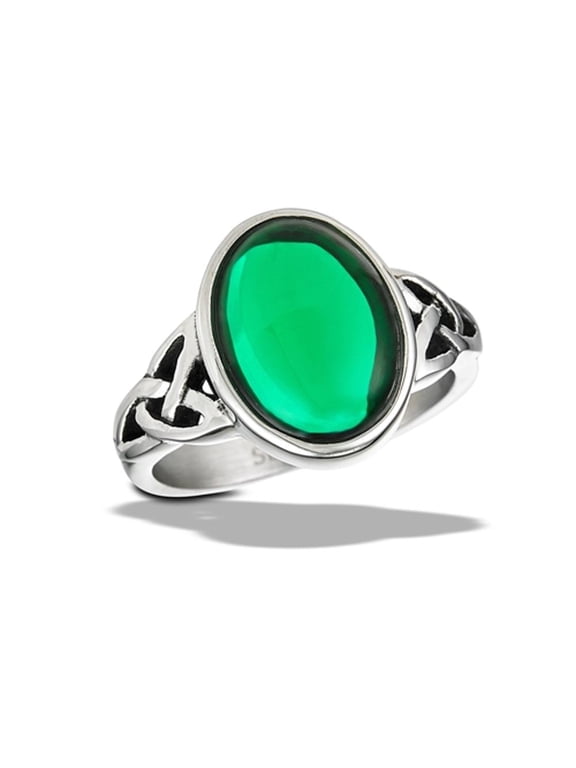 Simulated Emerald Cabochon Ring Triquetras Stainless Steel Band Green CZ Jewelry Female Size 8