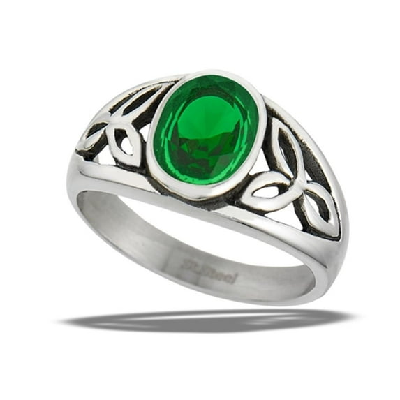 Simulated Emerald Celtic Filigree Trinity Knot Ring Stainless Steel Band Green CZ Female Size 7