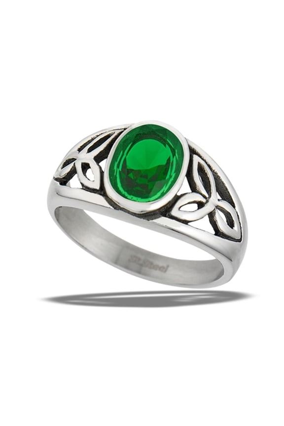 Simulated Emerald Celtic Filigree Trinity Knot Ring Stainless Steel Band Green CZ Female Size 9