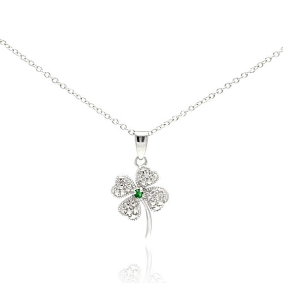 Simulated Emerald Center Clear Cubic Zirconia Clover Necklace Rhodium Plated Sterling Silver