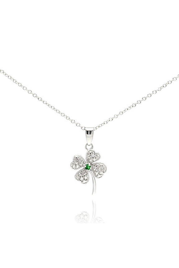 Simulated Emerald Center Clear Cubic Zirconia Clover Necklace Rhodium Plated Sterling Silver