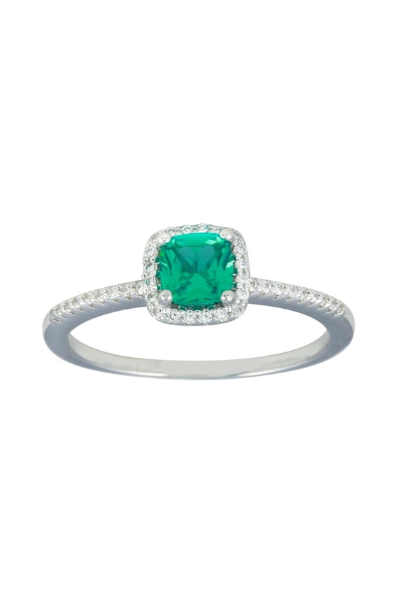 Simulated Emerald Clear Cubic Zirconia Halo Square Ring Sterling Silver Size 9