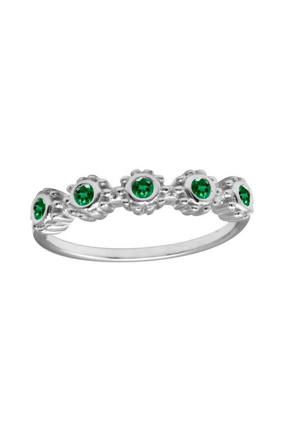 Simulated Emerald Cubic Zirconia Five Flowers Ring Rhodium Plated Sterling Silver Size 5