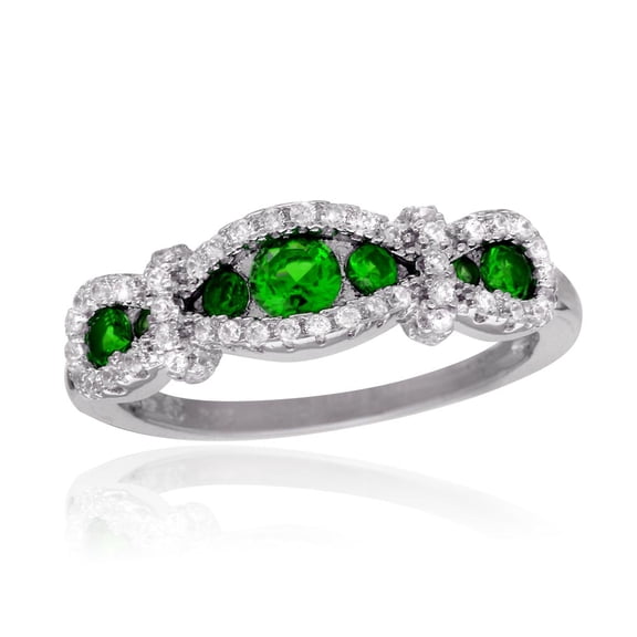 Simulated Emerald Cubic Zirconia Knotted Design Ring Rhodium Plated Sterling Silver Size 8