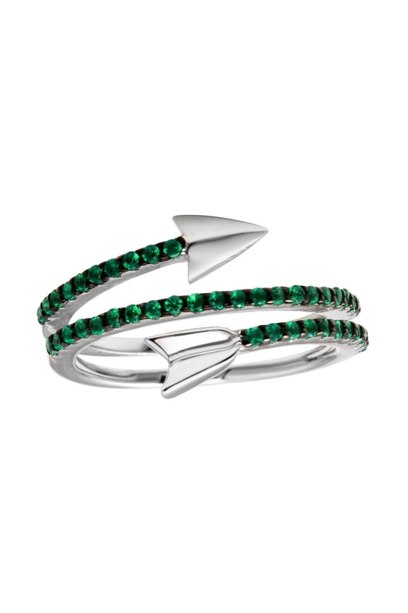 Simulated Emerald Cubic Zirconia Wrap Arrow Ring Rhodium Plated Sterling Silver Size 5