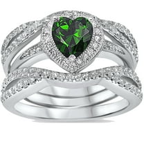 Simulated Emerald Green Heart Cut Silver CZ Wedding Guard Wrap Engagement Ring Set Size 6