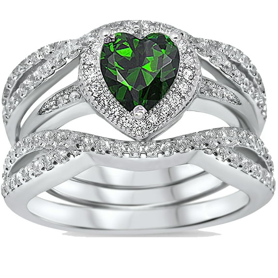 Simulated Emerald Green Heart Cut Silver CZ Wedding Guard Wrap Engagement Ring Set Size 7