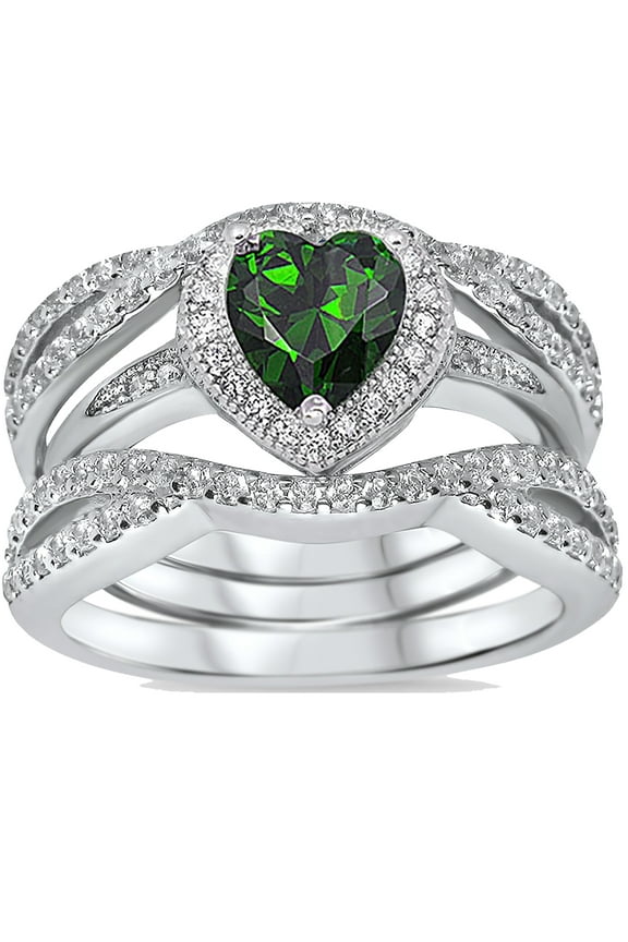 Simulated Emerald Green Heart Cut Silver CZ Wedding Guard Wrap Engagement Ring Set Size 8