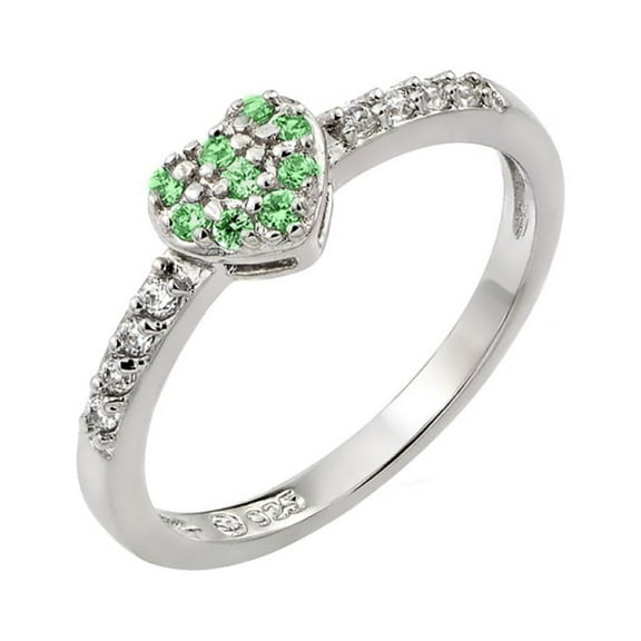 Simulated Emerald Inlay Cubic Zirconia May Birthstone Heart Ring Sterling Silver Size 6