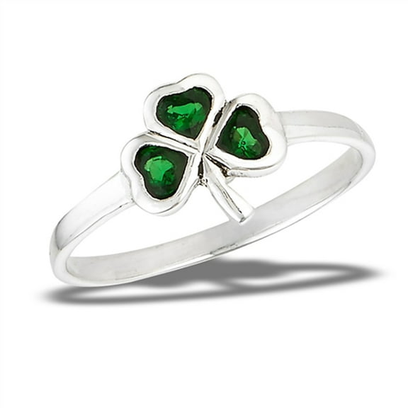 Simulated Emerald Lucky Clover Shamrock Ring .925 Sterling Silver Band Green CZ Female Size 7