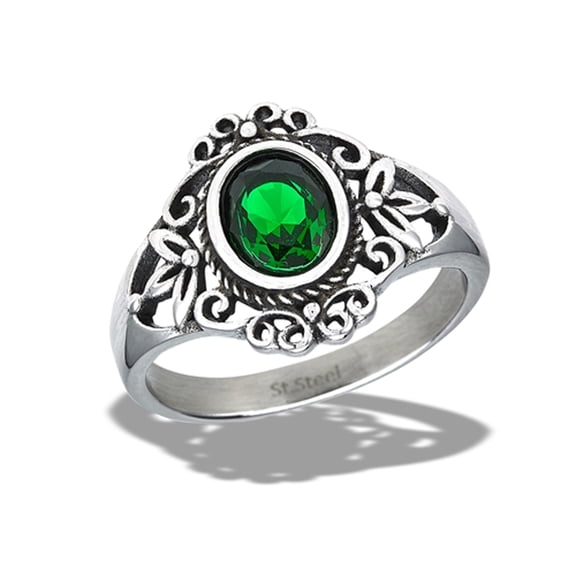 Simulated Emerald Ornate Ring High Polished Stainless Steel Band Green CZ Jewelry Female Size 8