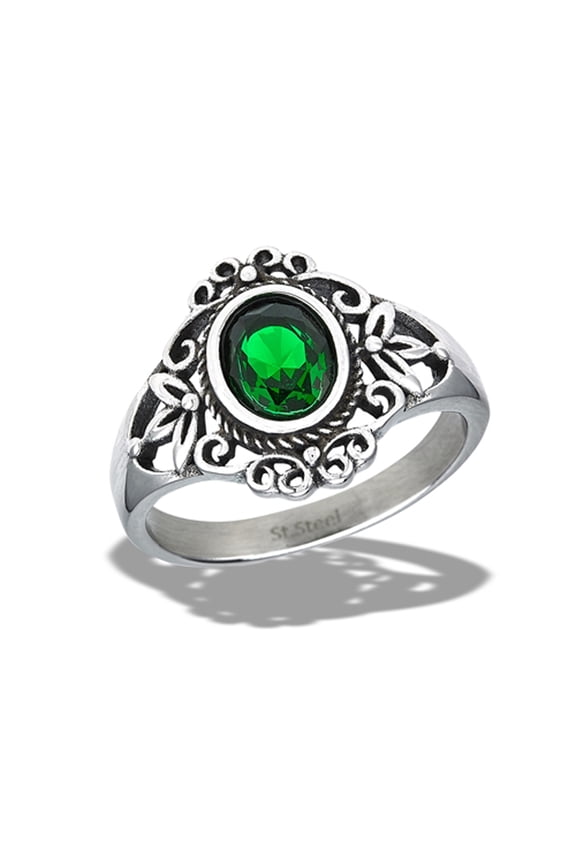 Simulated Emerald Ornate Ring High Polished Stainless Steel Band Green CZ Jewelry Female Size 9
