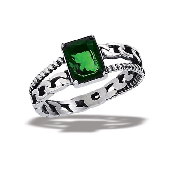 Simulated Emerald Ring Stainless Steel Band w/ Link Cable Chain Shank Green CZ Female Size 7