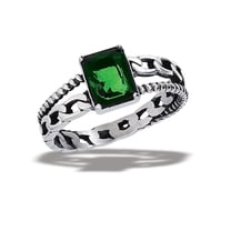 Simulated Emerald Ring Stainless Steel Band w/ Link Cable Chain Shank Green CZ Female Size 7