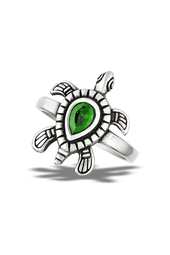 Simulated Emerald Sea Turtle Ring Stainless Steel Beach Band Green CZ Jewelry Female Size 8
