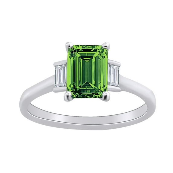 AFFY Simulated Emerald & White Natural Diamond Three Stone Solitaire Engagement Ring In 10k Solid White Gold Ring Size-8