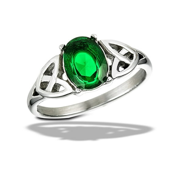 Simulated Emerald Wholesale Celtic Ring w/ Triquetras Stainless Steel Band Green CZ Female Size 6