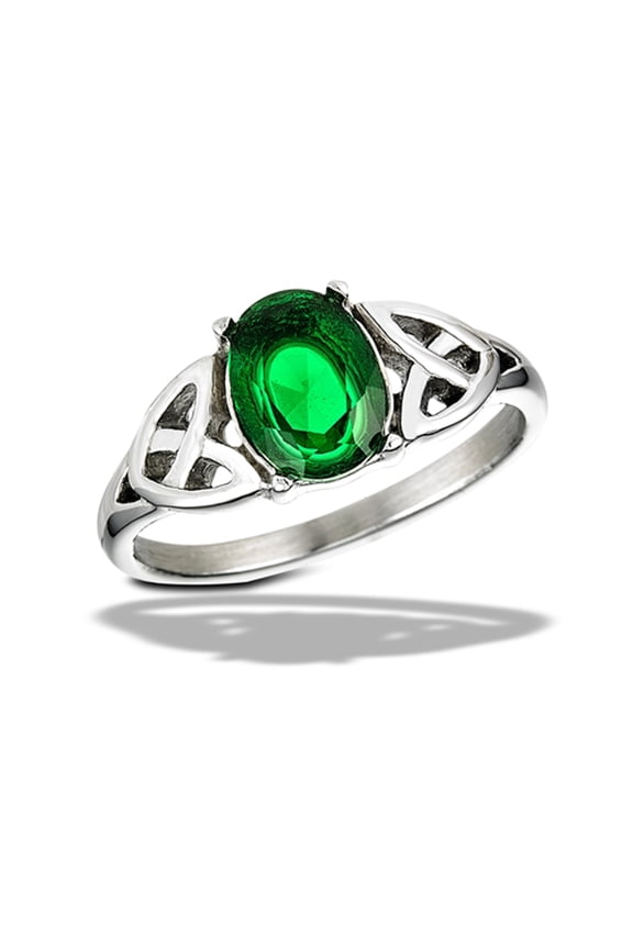 Simulated Emerald Wholesale Celtic Ring w/ Triquetras Stainless Steel Band Green CZ Female Size 7