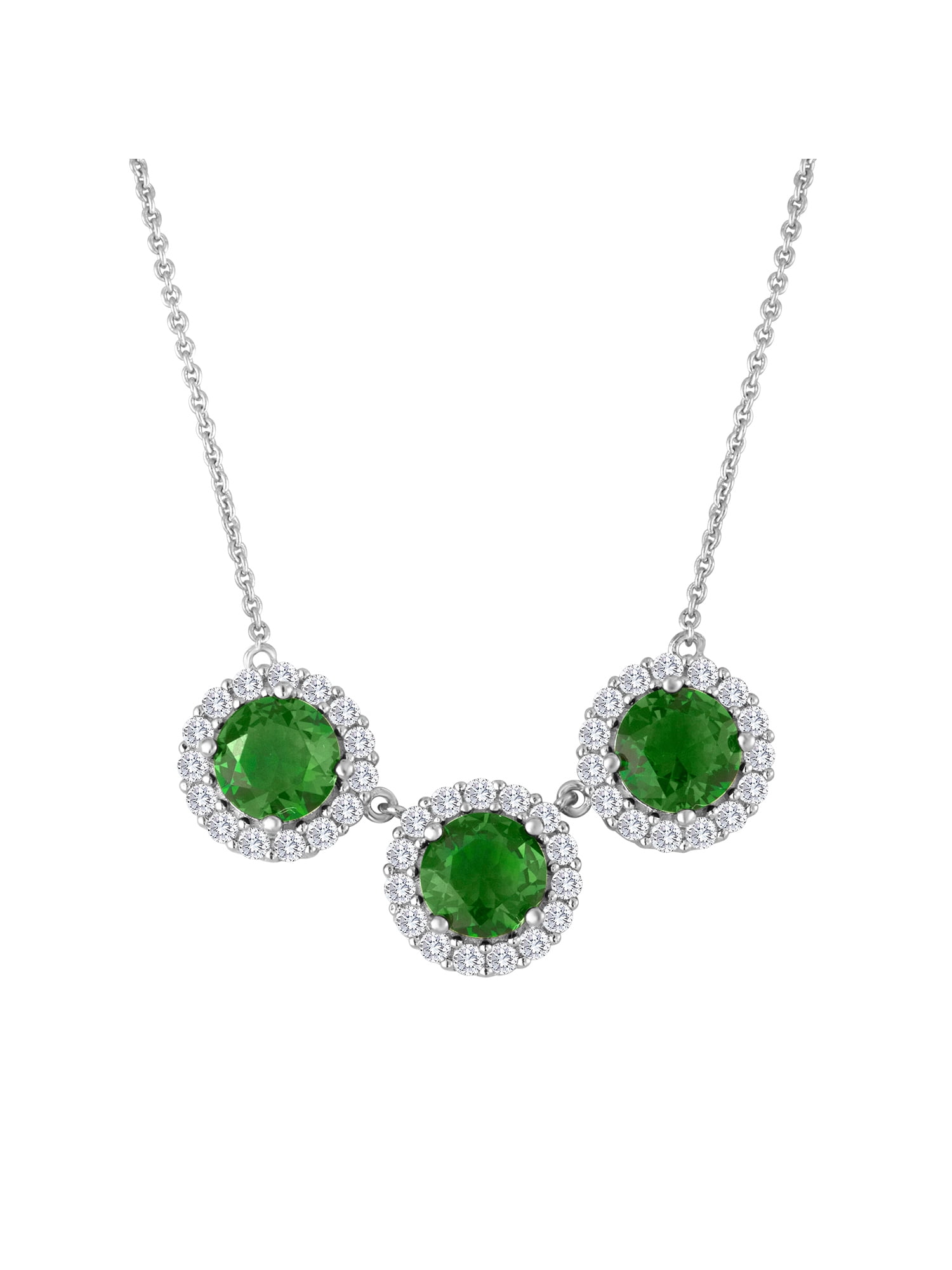 Simulated Emerald and CZ Necklace in Fine Silver Plated Brass, 18"