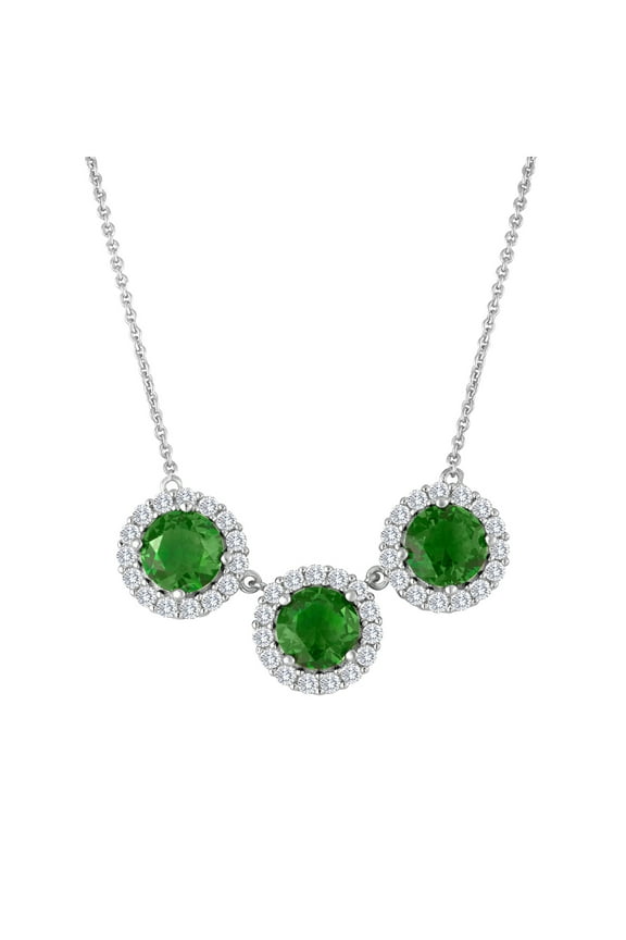 Simulated Emerald and CZ Necklace in Fine Silver Plated Brass, 18"
