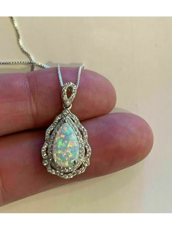 Simulated Fire Opal 3Ct Pear Cut Halo Women's Pendant 14K White Gold Plated Free Chain 18" For Women's