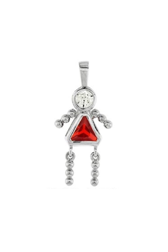 Simulated Garnet Cubic Zirconia January Birthstone Girl Flat Charm Rhodium Plated Sterling Silver