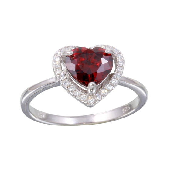 Simulated Garnet Cubic Zirconia Mystere Halo Heart Ring Rhodium Plated Sterling Silver Size 9