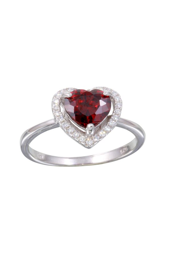 Simulated Garnet Cubic Zirconia Mystere Halo Heart Ring Rhodium Plated Sterling Silver Size 9