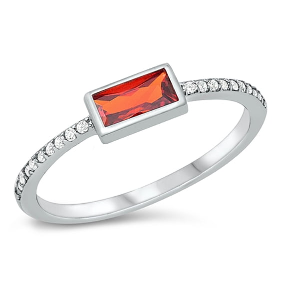 Simulated Garnet Cubic Zirconia Sideways Rectangular Center Ring Sterling Silver Size 4