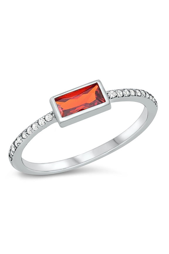 Simulated Garnet Cubic Zirconia Sideways Rectangular Center Ring Sterling Silver Size 6