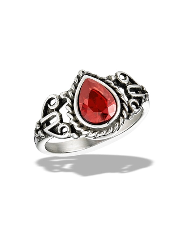 Simulated Garnet High Polished Bali Style Ring Stainless Steel Band Red Cubic Zirconia Female Size 8