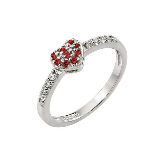 Simulated Garnet Inlay Cubic Zirconia January Birthstone Heart Ring Sterling Silver Size 7
