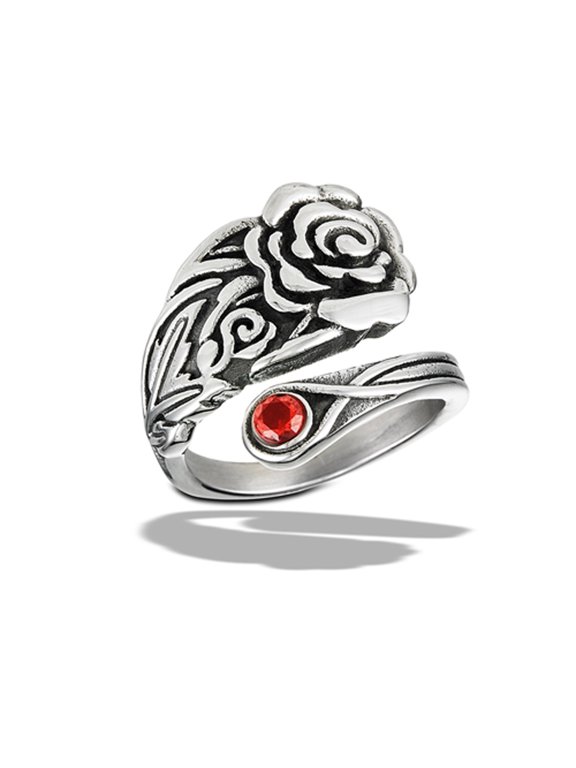 Simulated Garnet Rose Spoon Ring Stainless Steel Band Red Cubic Zirconia Jewelry Female Male Size 9
