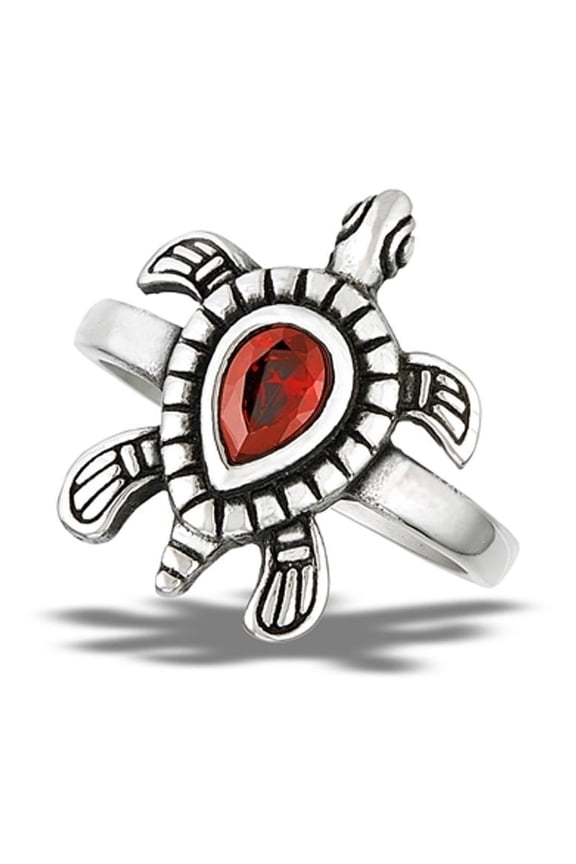Simulated Garnet Sea Turtle Ring Stainless Steel Beach Band Red Cubic Zirconia Jewelry Female Size 9