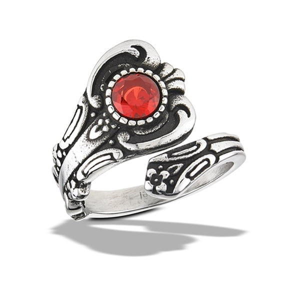 Simulated Garnet Victorian Spoon Ring Stainless Steel Band Red Cubic Zirconia Jewelry Female Size 10