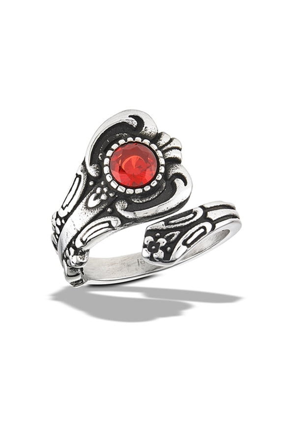 Simulated Garnet Victorian Spoon Ring Stainless Steel Band Red Cubic Zirconia Jewelry Female Size 7