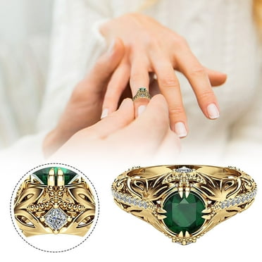 Simulated Gemstone Ring for Women, 14k Gold Emerald Green Gemstone Ring Birthstone Ring for Mothers Valentines Thanksgiving Day Size 6-10