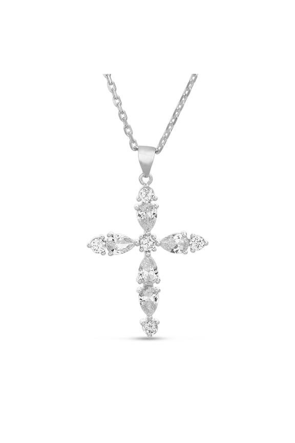 Simulated Gemstone and Cubic Zirconia Cross Necklace in Rhodium Plated Sterling Silver