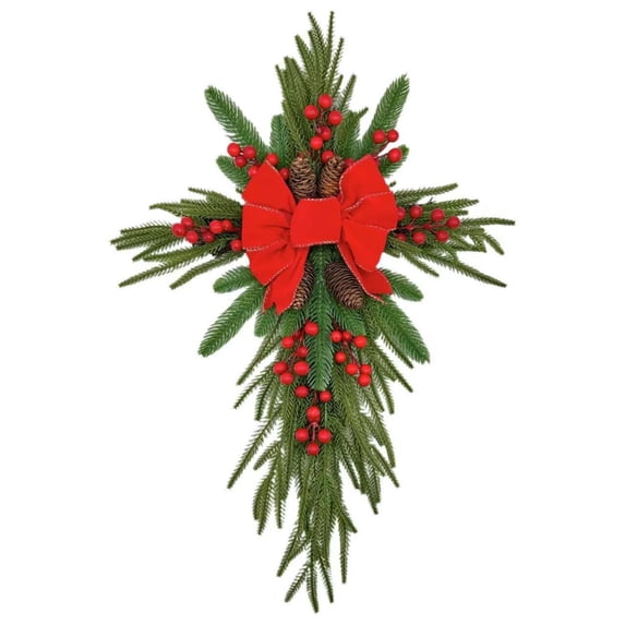 Simulated Grave Bow – Cemetery Flower Decoration for Tombstone, Funeral, or Memorial Use – Red & Green Artificial Wreath for Outdoor Gravesites
