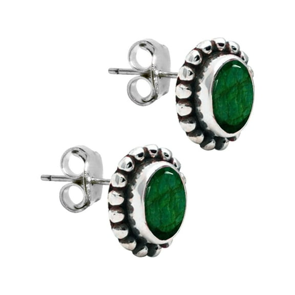 Tibetan Silver Green Emerald Gemstone 6x8 mm 925 Sterling Silver Plated Stud Earrings For Women