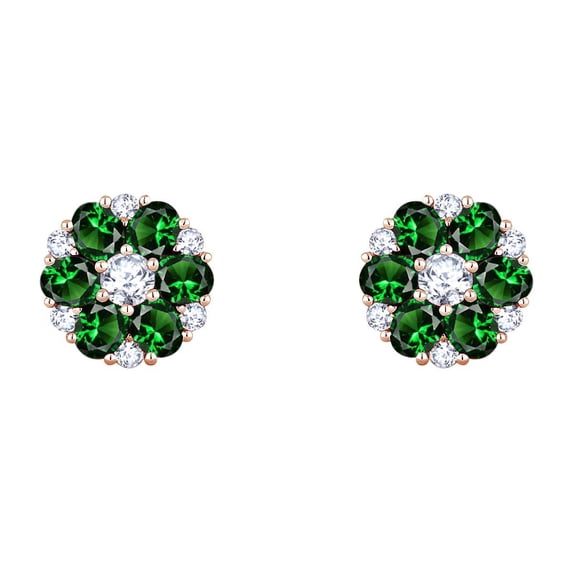 AFFY Simulated Green Emerald & White Natural Diamond Flower Stud Earrings In 14K Rose Gold (5.9 Cttw)