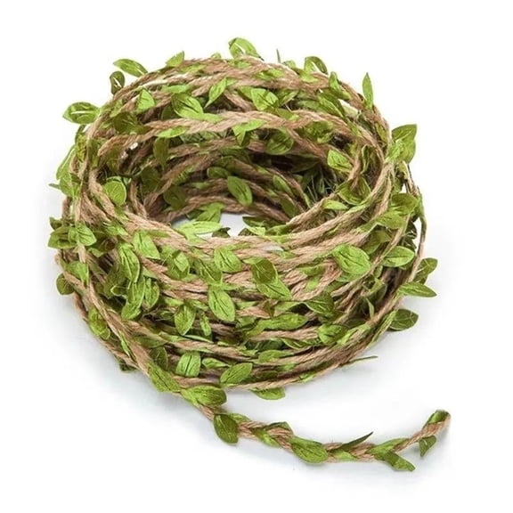 Simulated Green Leaf Hemp Rope 10 Meters Handmade Creative DIY Forest Decorative Gardening Rope With Leaves Braided Rope,Green,10M